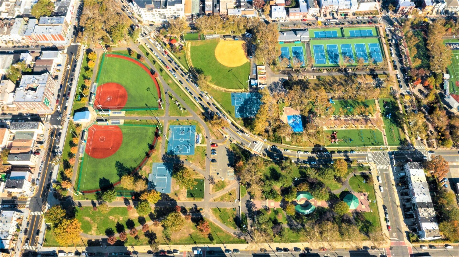 Overhead view of ball fields and tennis courts in the park near Smart Start Academy