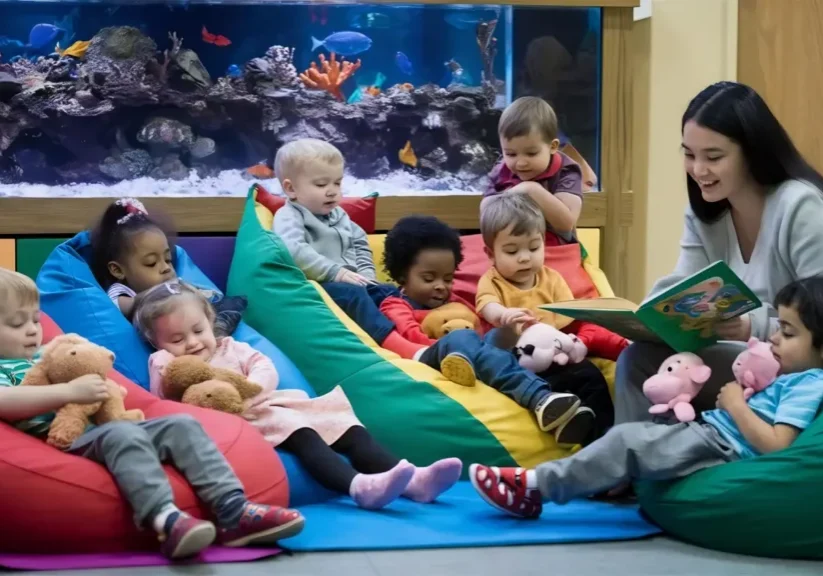 Teacher reading to toddlers on colorful beanbags